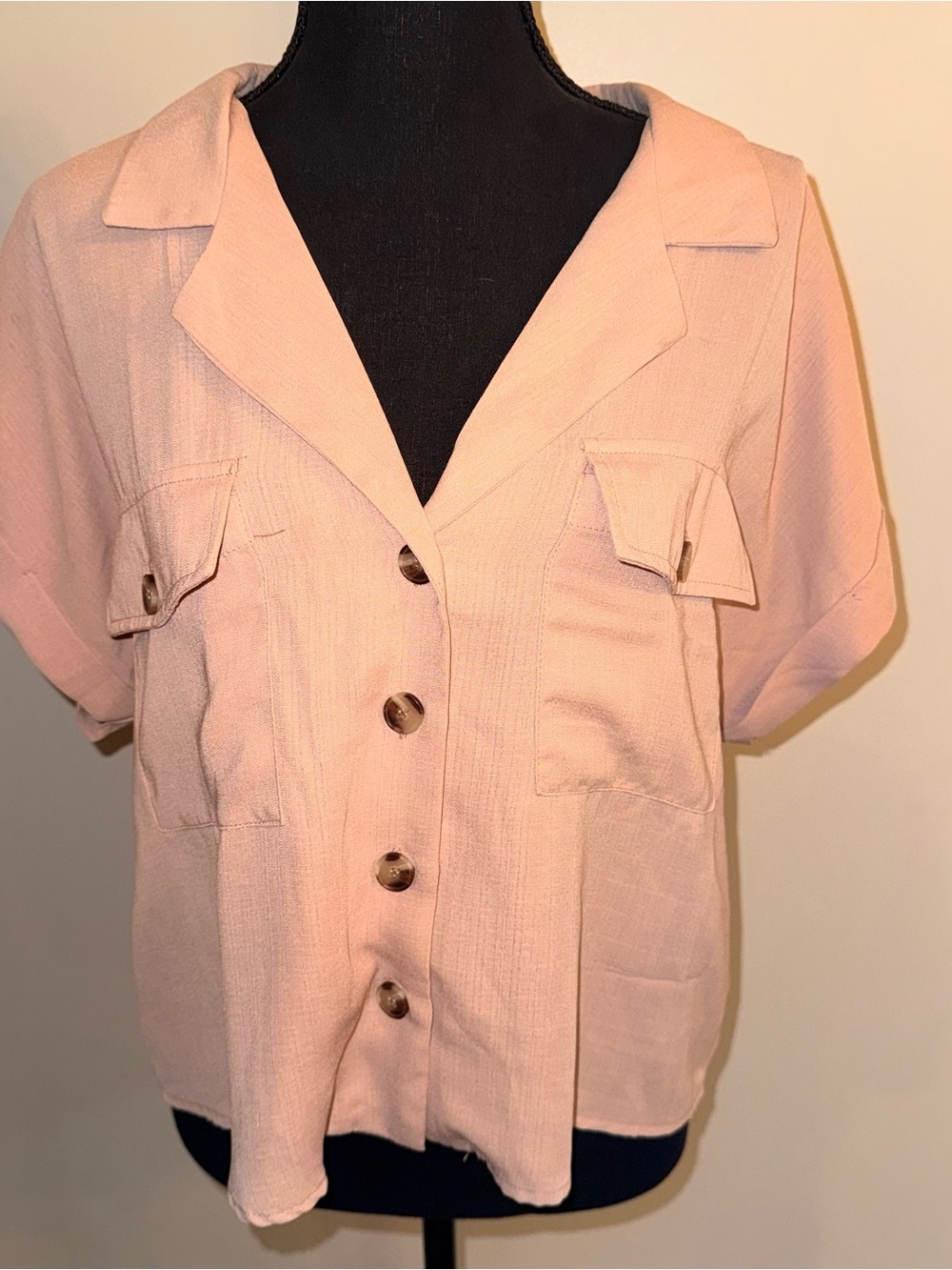 Classic Short-Sleeve Button Front Blouse in Blush Pink